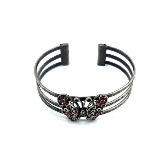 Vintage Metal Cuff Bracelet With Butterfly Accented With Red Enamel - Picture 3 of 4
